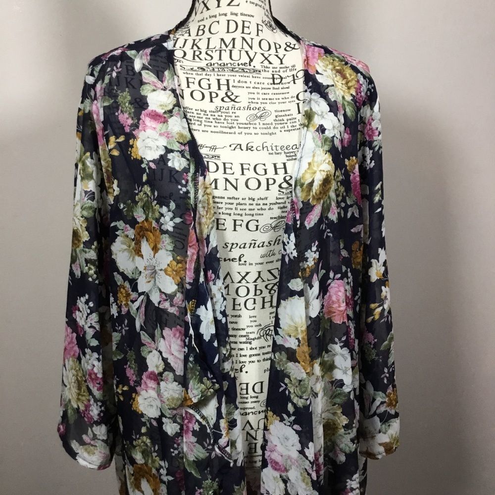 Floral open front black kimono robe duster very long floaty flowy sz 2XL - Picture 2 of 7